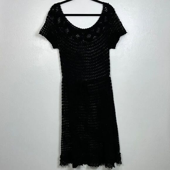 Dresses & Skirts - Black Open Knit Vintage Short Sleeve Scoop Neck Midi Dress Size L